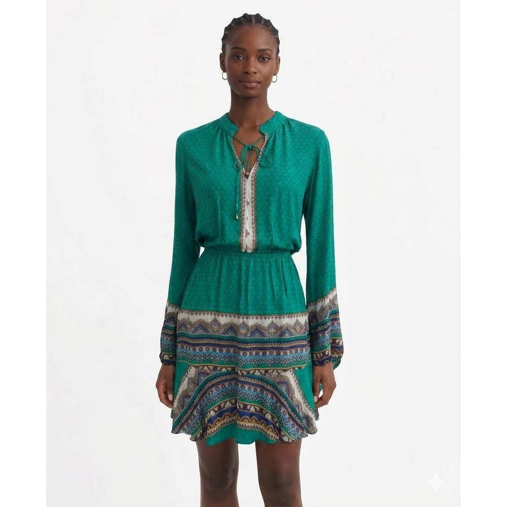 Farm Rio Mini Dress Women Small Green Geometric Border Print Long Sleeve Boho